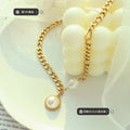 Gold Curb Chain Pearl Pendant Necklace Round Bezel Drop view 2