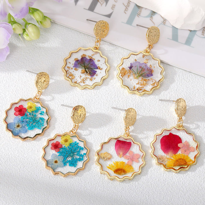 Gold Tone Scalloped Clear Resin Pressed Flower Drop Earrings