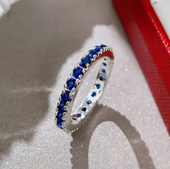 Silver Tone Blue Round Stone Full Row Band Finger Ring