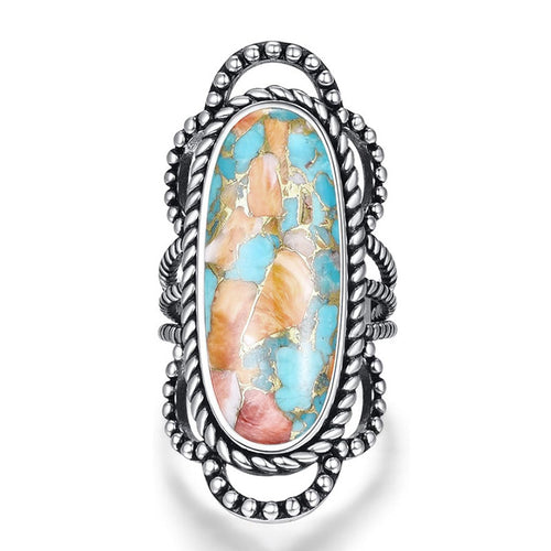Antique Silver Tone Oval Mosaic Look Statement Ring angled product view