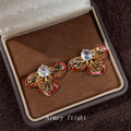 Gold Filigree Burgundy Enamel Flower Stud Clear Zircon view 4
