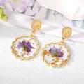 Gold Tone Scalloped Clear Resin Pressed Flower Drop Earrings view 3