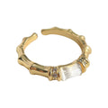 Gold Tone Bamboo Texture White Inlay And Clear Stone Open Ring view 5