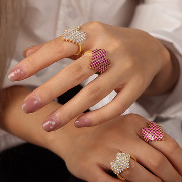 Gold Pixel Heart Pave Open Rings Clear Or Magenta Stones