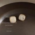 Gold Beaded Edge Square Stud Earrings Cream Crackle Glaze view 2