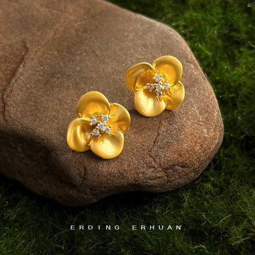 Matte Gold Flower Stud Earrings Clear Crystal Center Pair