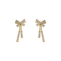 Gold Tone Clear Stone Bow Long Tassel Stud Earrings For Women view 5