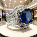 Silver Tone Blue Cushion Halo Multi Row Clear Stone Ring view 2
