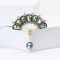Iridescent Shell Fan Brooch with Gray Pearl Drop for Jackets and Scarves view 2
