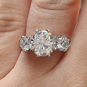 Round Clear Solitaire Three-Stone Ring In Polished Silver Tone