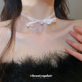 Pink Polka Dot Ribbon Choker Necklaces With Pearl Details view 4
