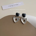 Black Enamel Heart Drop Earrings Silver Open Heart Dangles view 3