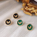 Gold Butterfly Round Enamel Stud Earrings Green Black Pair view 4
