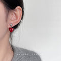 Silver Round Ball Stud Glossy Red Heart Drop Earrings view 2