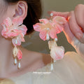 Red Fabric Floral Tassel Stud Earrings Fashion Jewelry view 4