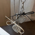Silver Ball Chain Mesh Heart Bag Pendant Necklace Two Bows view 2