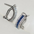 Blue And Clear Triple-Row Curved Clip Earrings In Silver Tone view 3