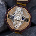 Silver Tone Filigree Art Deco CZ Blue Triangle Ring view 2