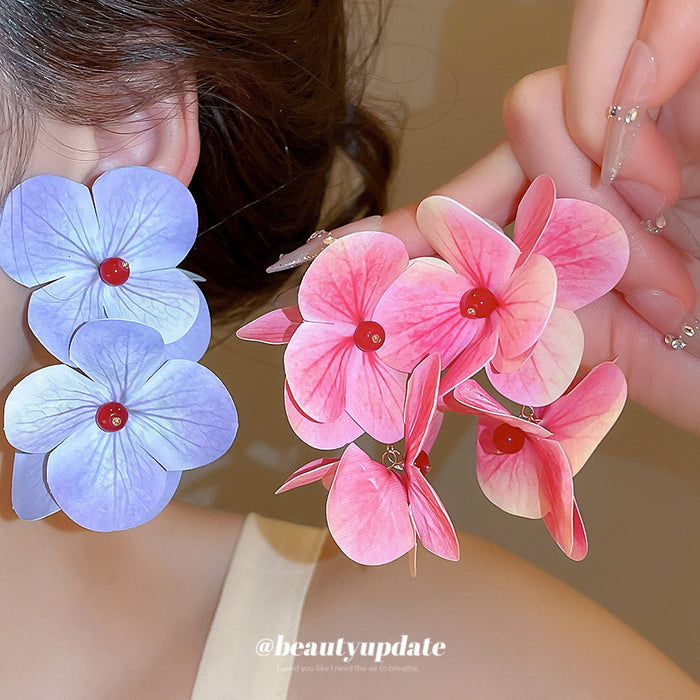 Layered Petal Flower Earrings in Pink and Periwinkle Blue