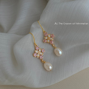 Pink CZ Flower Freshwater Pearl Drop Hook Earrings