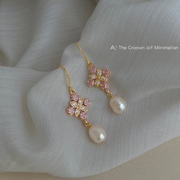 Pink CZ Flower Freshwater Pearl Drop Hook Earrings