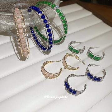 Beaded Hoop Earrings Open Cuff Bracelets Pink Blue Green