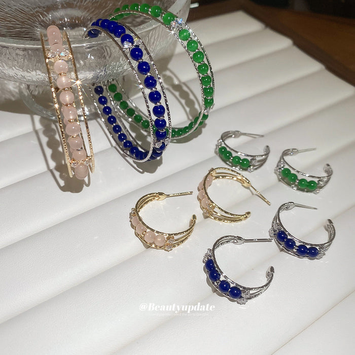 Beaded Hoop Earrings Open Cuff Bracelets Pink Blue Green