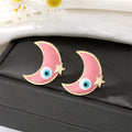 Gold Tone Enamel Crescent Moon Evil Eye Stud Earrings in Five Colors view 3