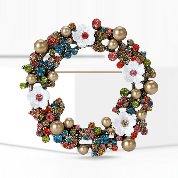 Pearl Rhinestone Flower Wreath Brooch Four Color Styles