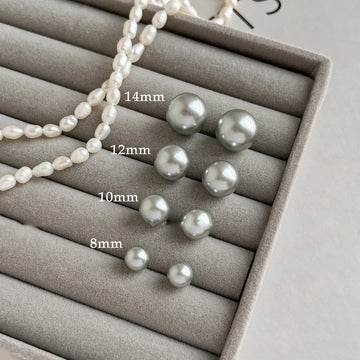 Gray Pearl Round Stud Earrings in Four Sizes With Metal Details