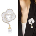 Enamel Camellia Brooch Rhinestone Edge Pearl Drop Pin view 2