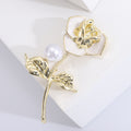 Gold Tone Enamel Camellia Brooch Pearl Accent Leaf Stem Pin view 4