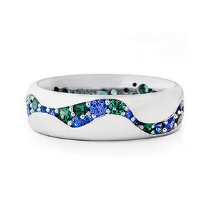 Blue-Green Cubic Zirconia Wave Band Ring in Silver-Tone Brass