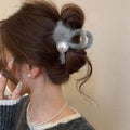 Gray Fuzzy Yarn Claw Hair Clip Large Pearl Fur Pom view 2