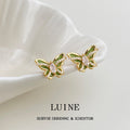 Gold Green Enamel Butterfly Stud Earrings Peach Crystal Center view 4