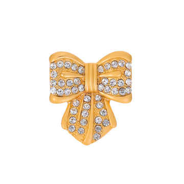 Gold Tone Ribbon Bow Crystal Metal Brooch Pin for Jackets and Lapels