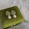 Gold-Tone Enamel Rose Openwork Cotton Pearl Drop Earrings view 3