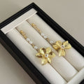 Gold Flower Pearl Look Bead Long Dangle Stud Earrings view 6