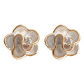 White Camellia Flower Stud Earrings Gold Rim Clear Center view 5