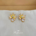 Gold Yellow White Enamel Daisy Stud Earrings Teardrop Crystal view 6