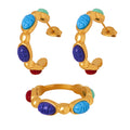 Gold Multicolor Carved Bead Open Hoop Earrings and Stack Rings view 5