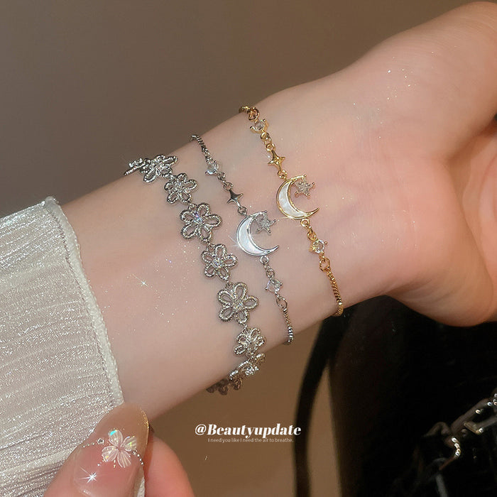 Silver Tone Openwork Flower Rhinestone Link Bracelet