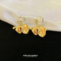 Two Tone Ruffled Flower Stud Earrings with Pearl Accent view 4