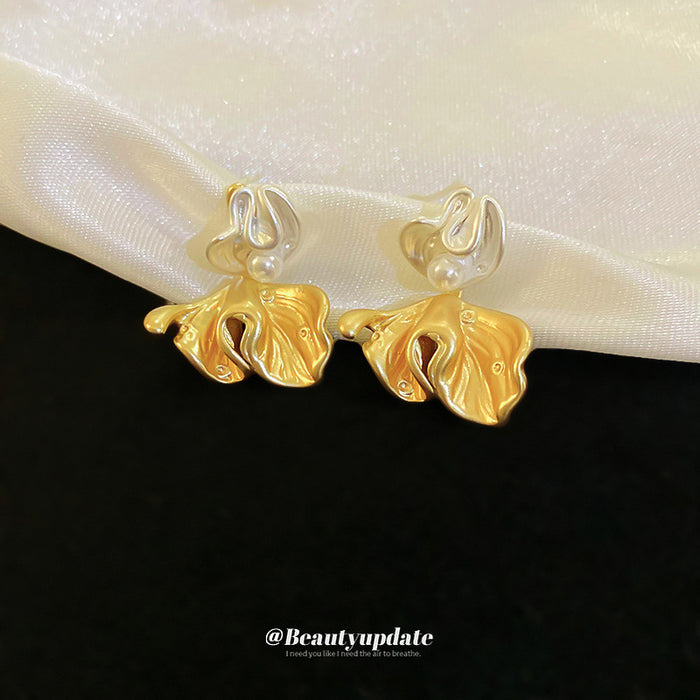 Two Tone Ruffled Flower Stud Earrings with Pearl Accent