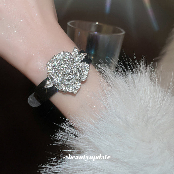 Black Belt Bracelet With Large Silver Tone Crystal Rose Center