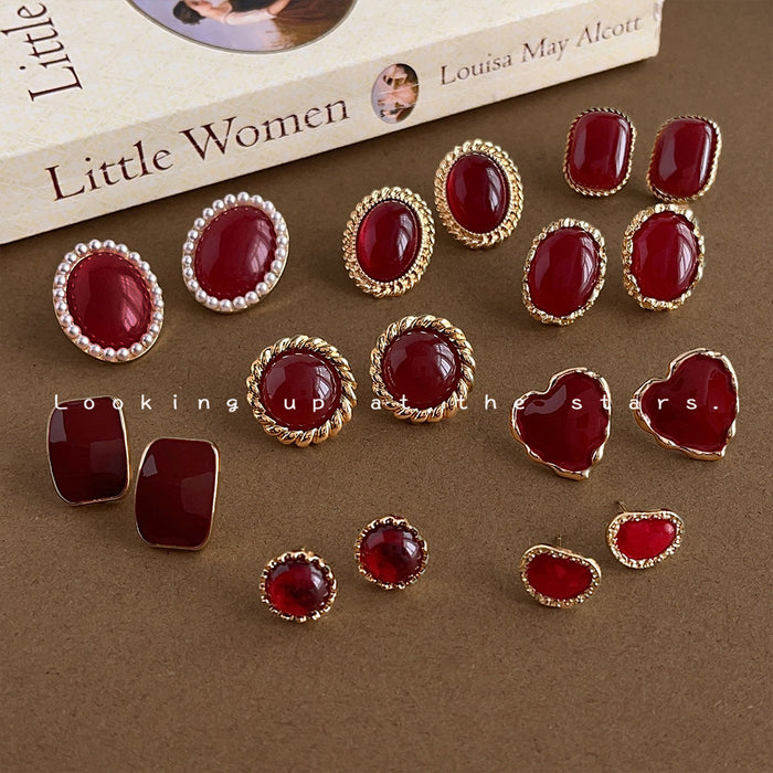 Wine Red Enamel Gold Frame Stud Earrings Six Styles