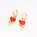 Gold Tone Red Heart Drip Charm Huggie Drop Earrings view 3