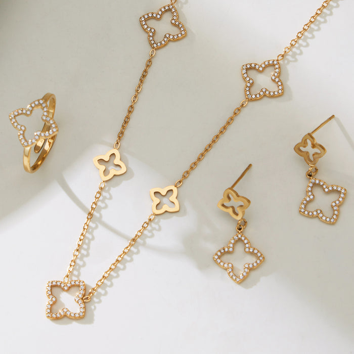 Gold Hollow Four Leaf Clover Zircon Earrings Ring Necklace