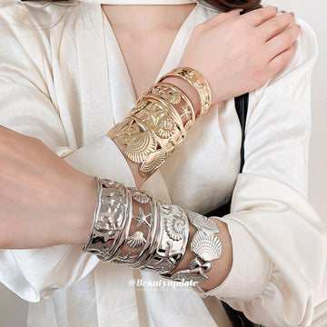 Gold Silver Ocean Shell Starfish Tulip Open Cuff Bracelets