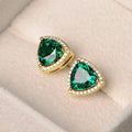 Gold Tone Green Triangle Halo Stud Earrings Polished Statement Fashion Jewelry view 3